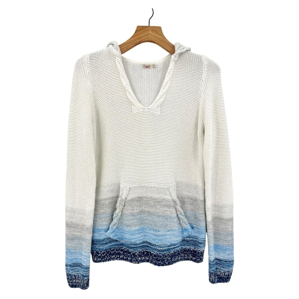 Faherty Nautical Knit Gradient Blue V-Neck Hoodie Sweater Cableknit Size XS